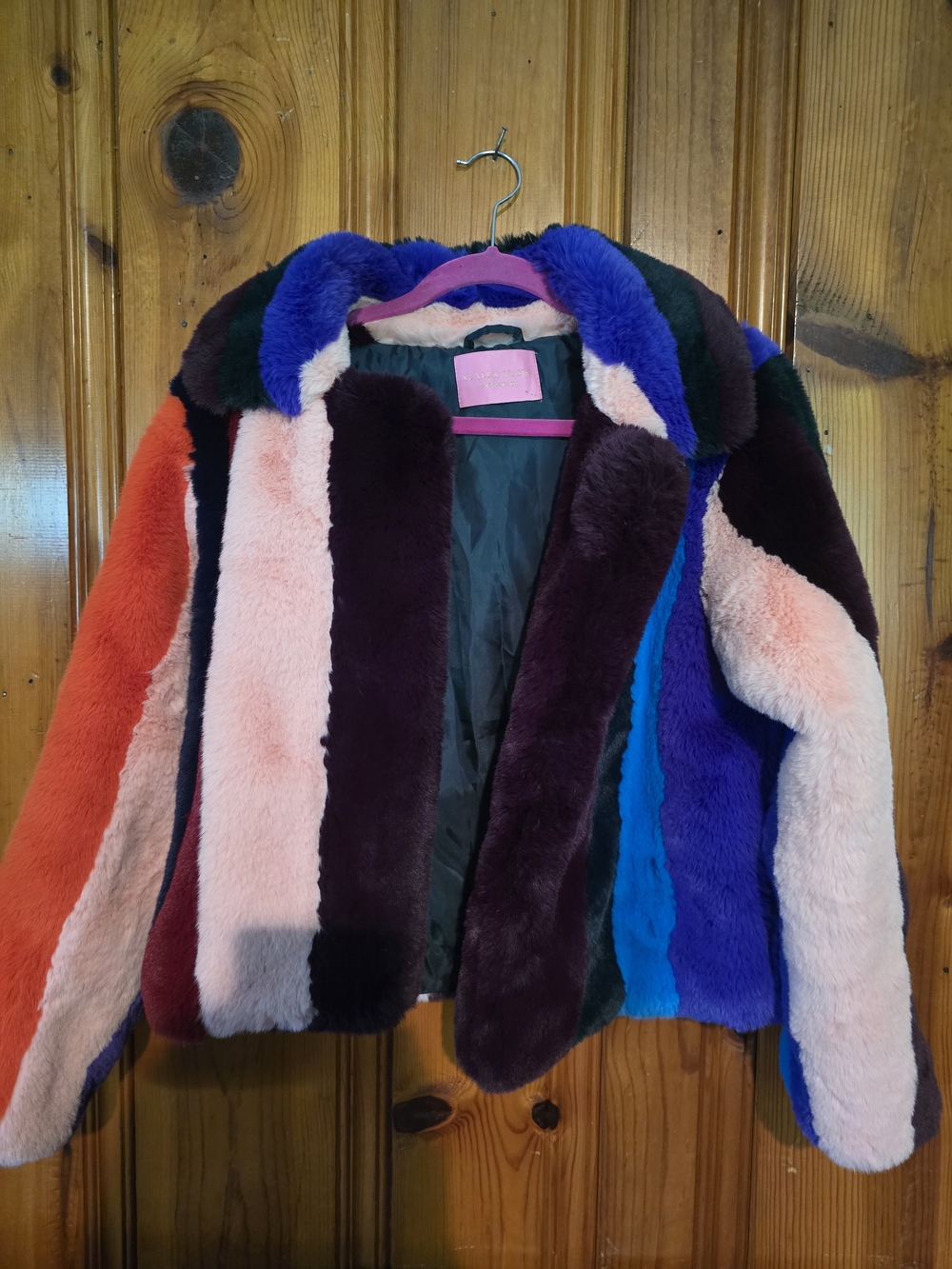 Multicolor Faux Fur Bomber Jacket - Women's Bold Stripe Coat - Picture 15 of 16